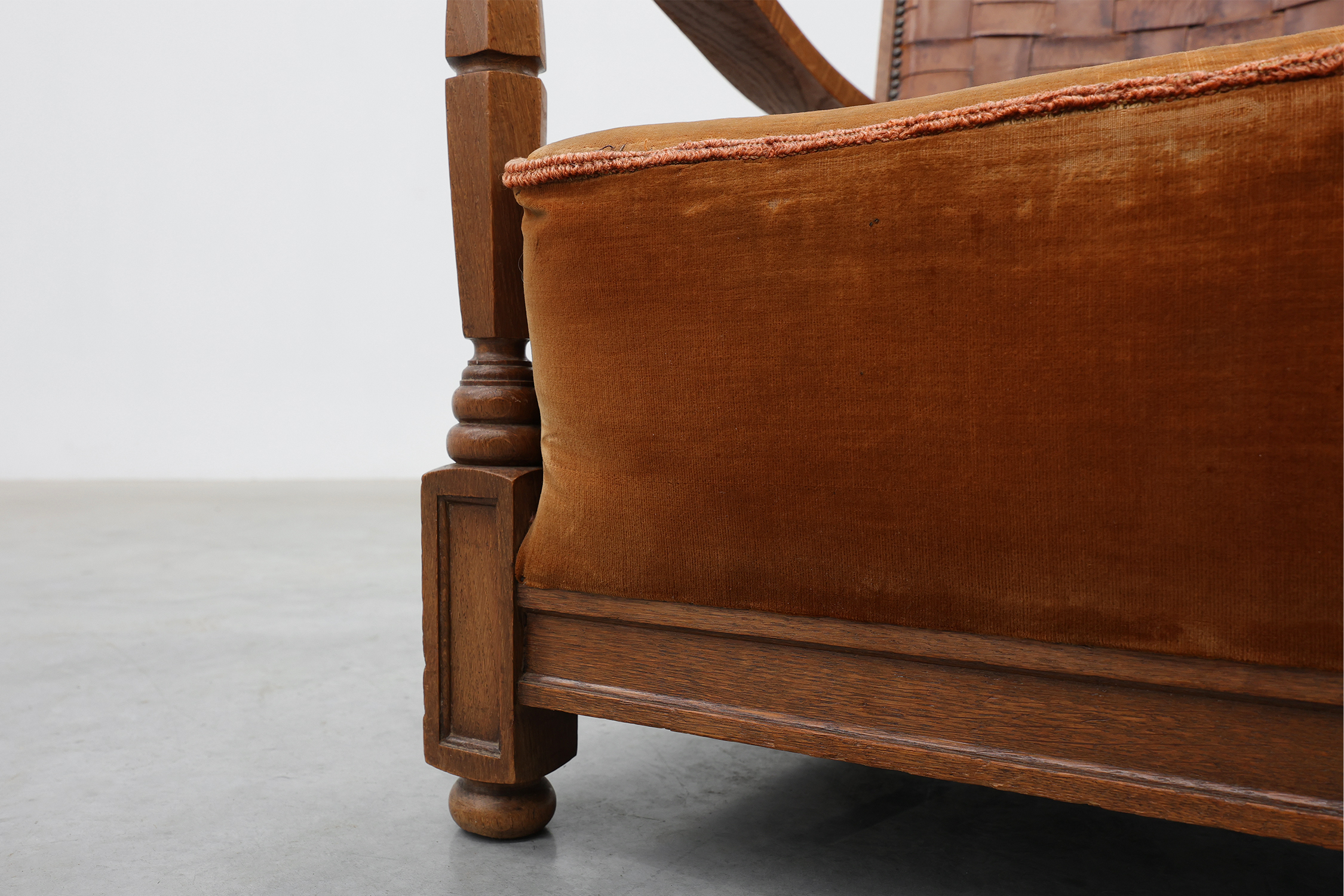 Art Deco Oak Lounge Chair with Woven Leather Back and Ochre Velvet, Belgium, 1920sthumbnail
